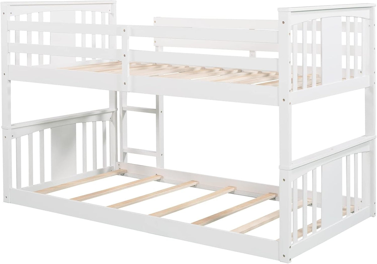 White Twin over Twin Low Bunk Bed Frame Wood Y6234