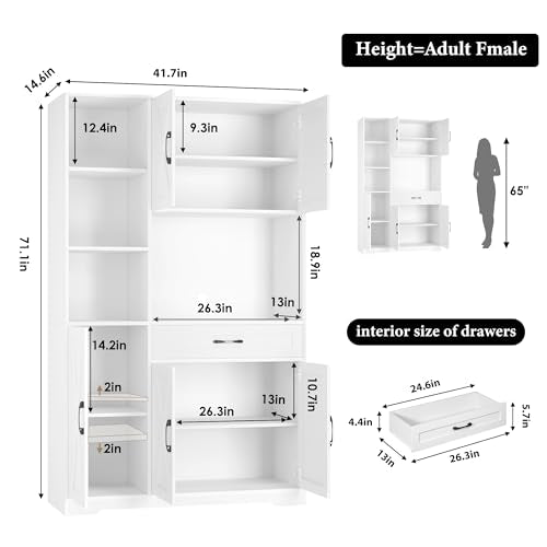 71" Tall Kitchen Pantry Storage Cabinet with Microwave Stand, Barn Doors, Large Drawer and Shelves, Ash Grey Q9326