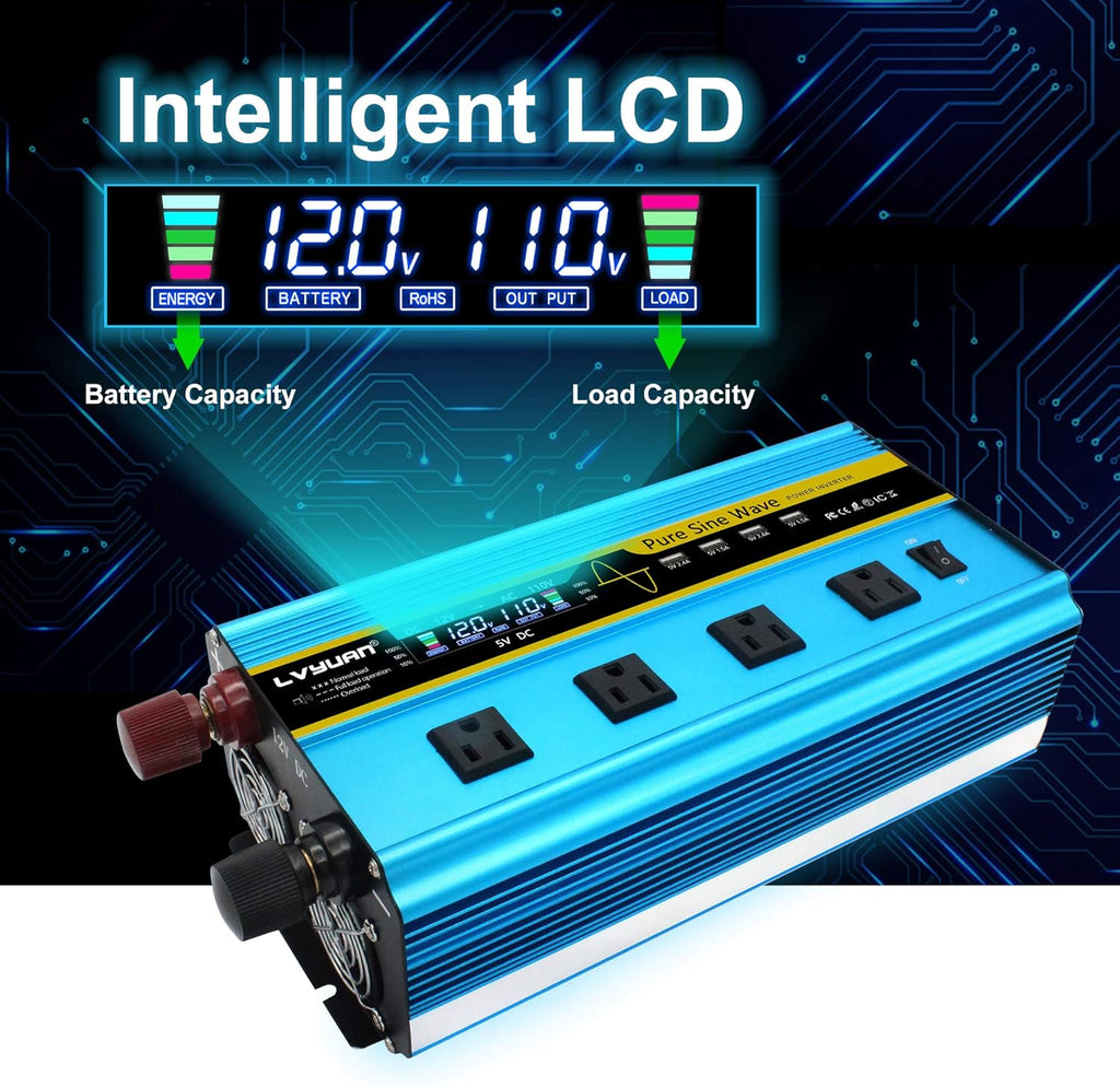 3000 Watt Pure Sine Wave Inverter 12V to 110V DC to AC with LCD Display 4 AC Sockets 4 USB Ports P5032