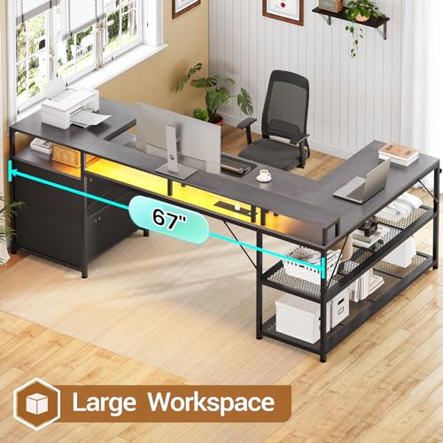 White L Shaped Desk with Drawers and Power Outlet P9909
