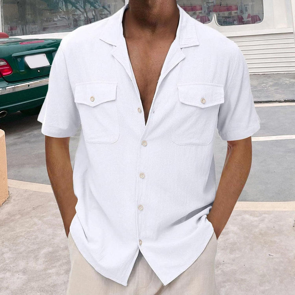 Men's Cotton Linen Short Sleeve Button Down Shirts I18215