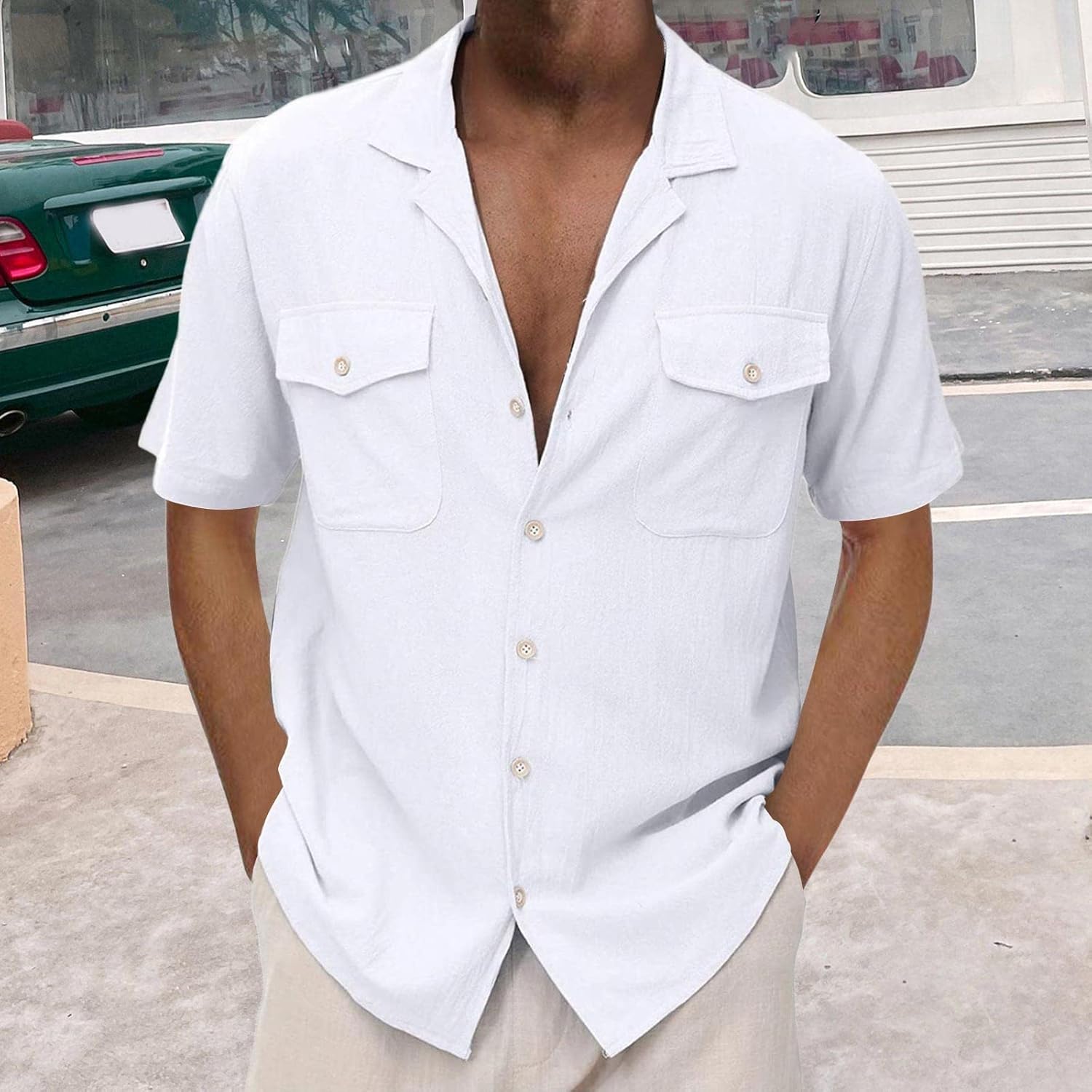 Men's Cotton Linen Short Sleeve Button Down Shirts I18215