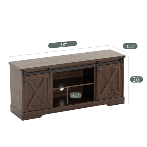 Brown Wood TV Stand with Sliding Barn Doors and Adjustable Shelves I95252