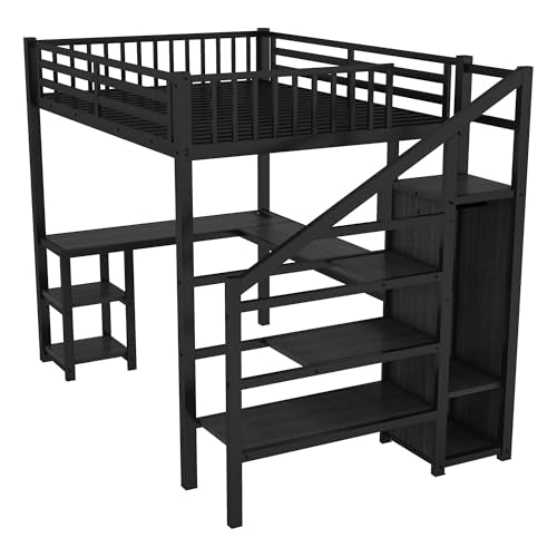 Black Full Size Metal Loft Bed with L-Shaped Desk and USB Port S44209
