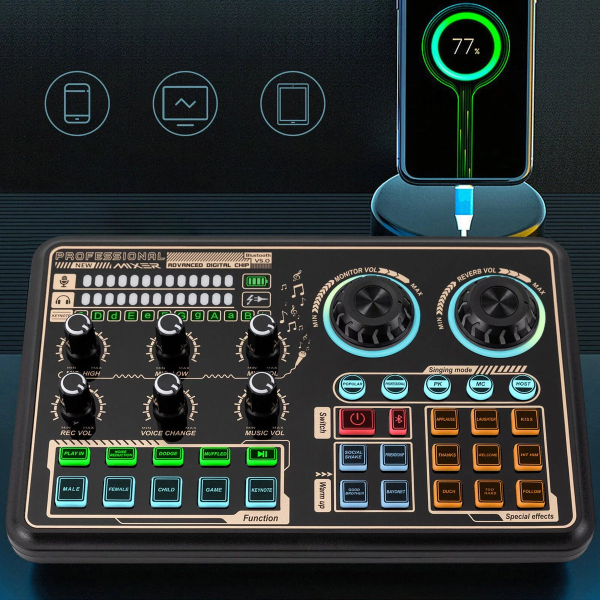 Sound Effects Board Audio Interface with Voice Changer and LED Lights O60151