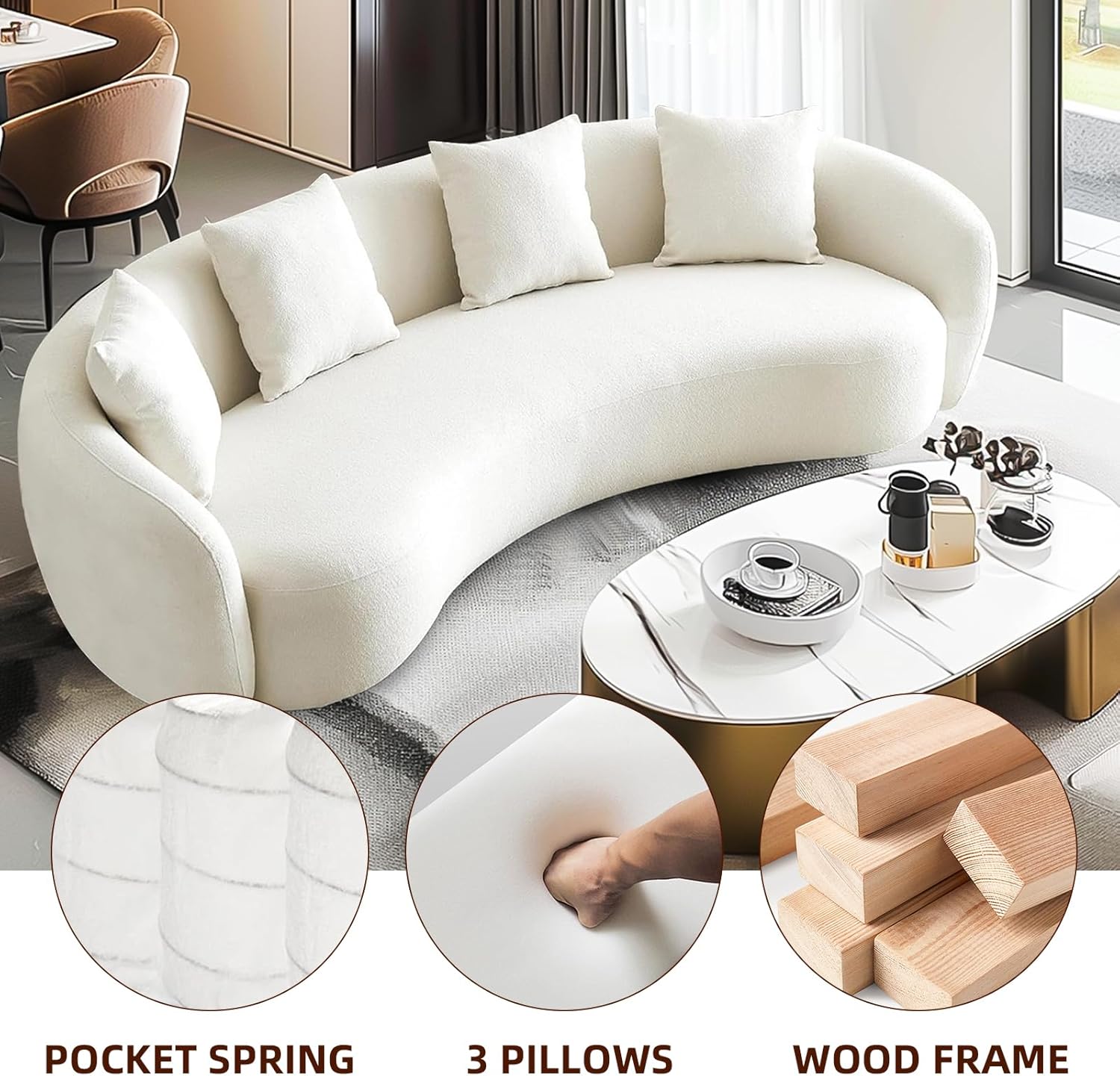 Teddy Fabric Curved Half Moon Sectional 4-Seat Sofa Couch with 4 Throw Pillows E26282