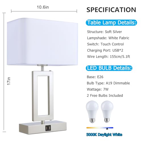 Set of 2 Touch Control Table Lamps with USB Ports, 3-Way Dimmable, Gold and White H6399