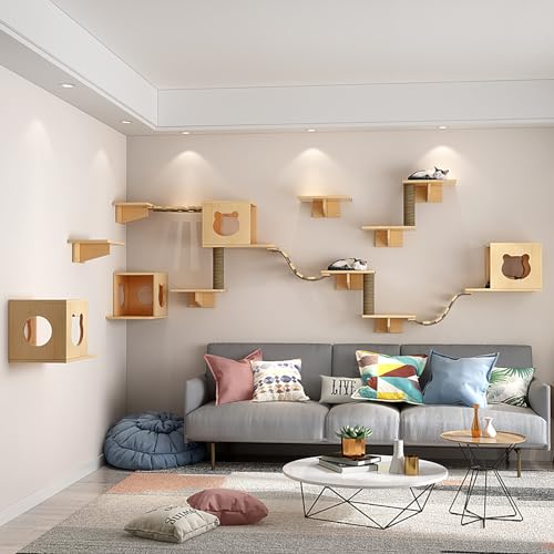 Cat Wall Shelves and Furniture Set with Condos, Perches, Bridge Ladders, Sisal Scratching Posts J515