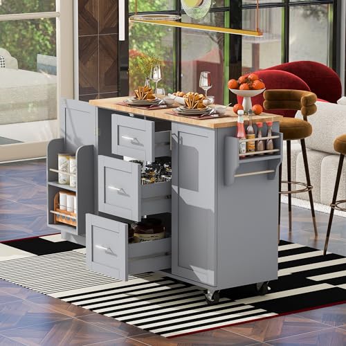 White Kitchen Island with Drop Leaf and 3 Drawer U3264
