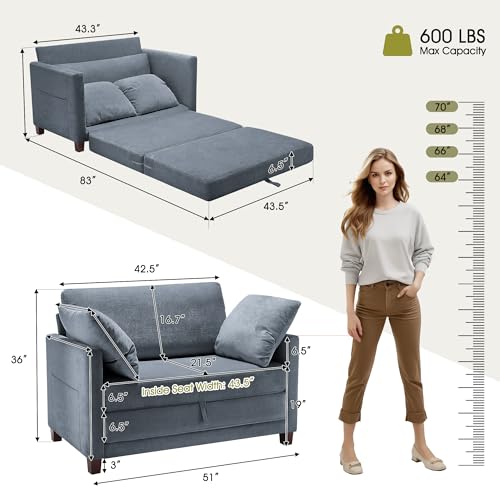 Blue Chenille Convertible Floor Sofa Bed with 2 Pillows A37667