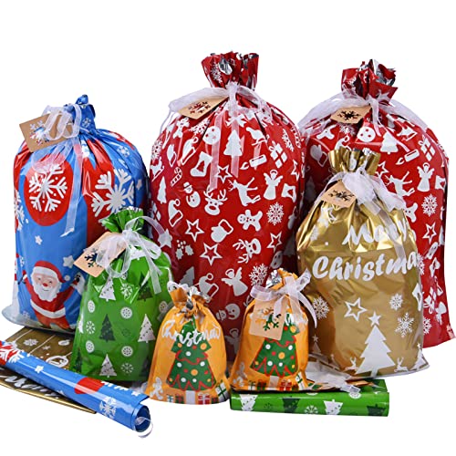 22pcs Drawstrings Christmas Gift Bags Assorted Sizes Reusable Plastic X778
