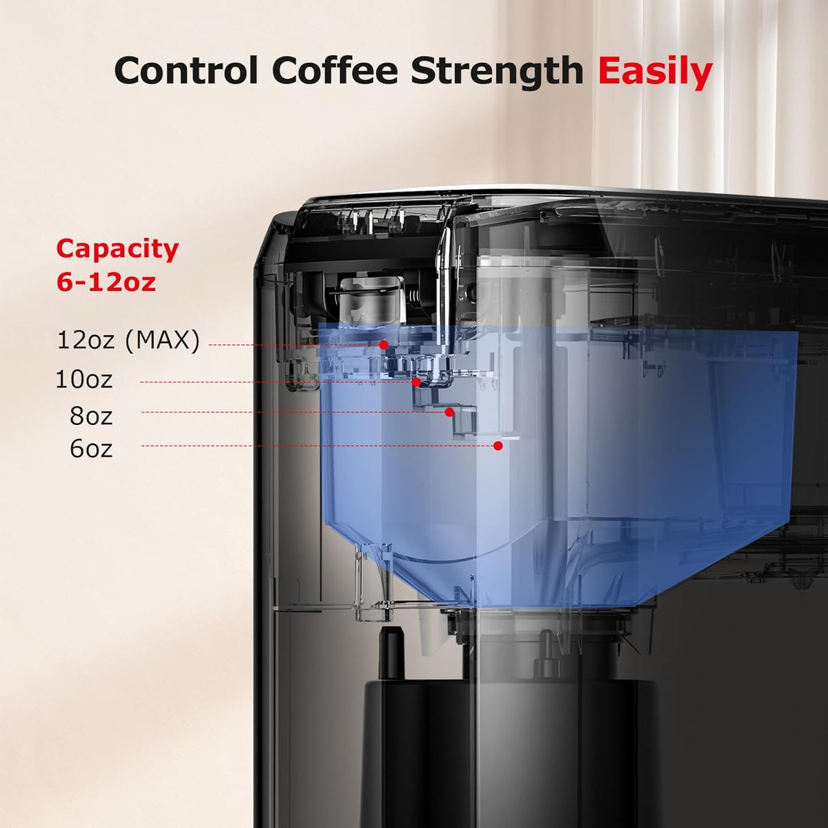 Single Serve Coffee Maker for K Cup Capsule, 6 to 12oz Brew Sizes T8009