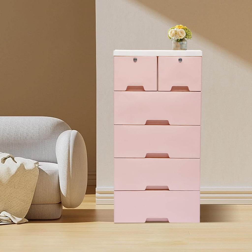 6 Drawers Pink Plastic Dresser with 4 Wheels A55257