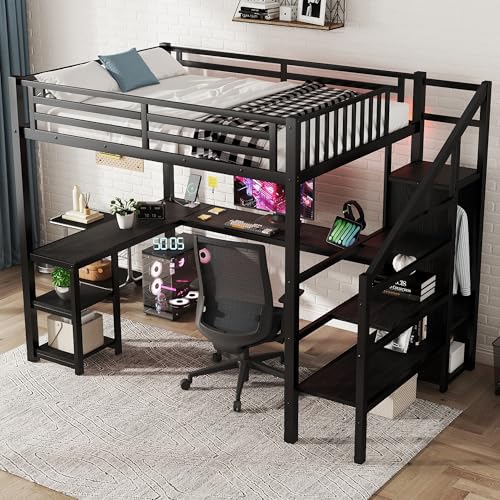 Black Full Size Metal Loft Bed with L-Shaped Desk and USB Port S44209