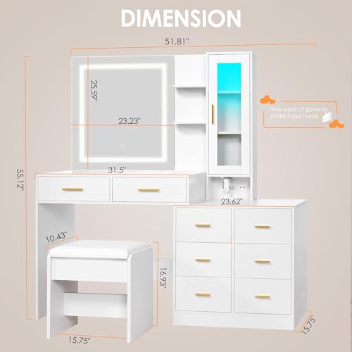 White 51.8" Makeup Vanity Desk with Mirror and Lights 8 Drawers Z79743