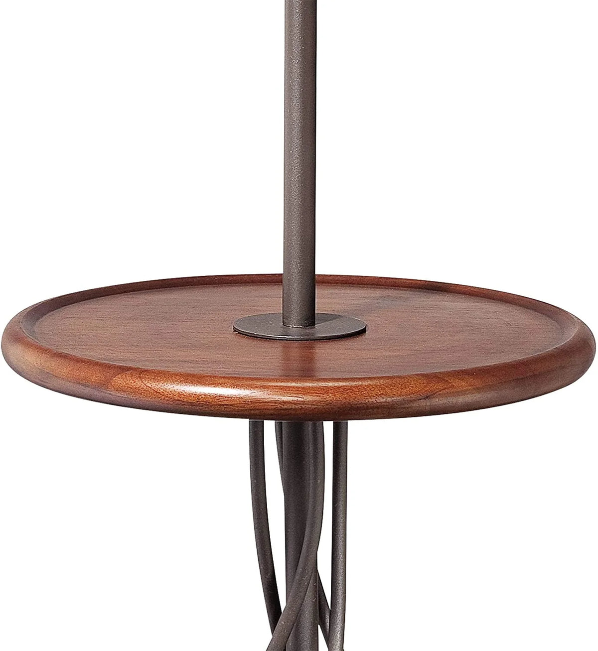 Rustic Farmhouse Floor Lamp with Tray End Table 63.5" Tall Wood Twisted Iron Base Brown Linen Fabric Tapered Drum Shade A599932