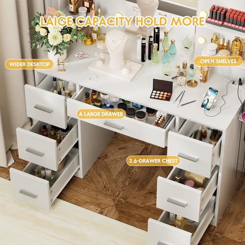 White Vanity Desk with LED Lighted Mirror and 7 Drawers P881489