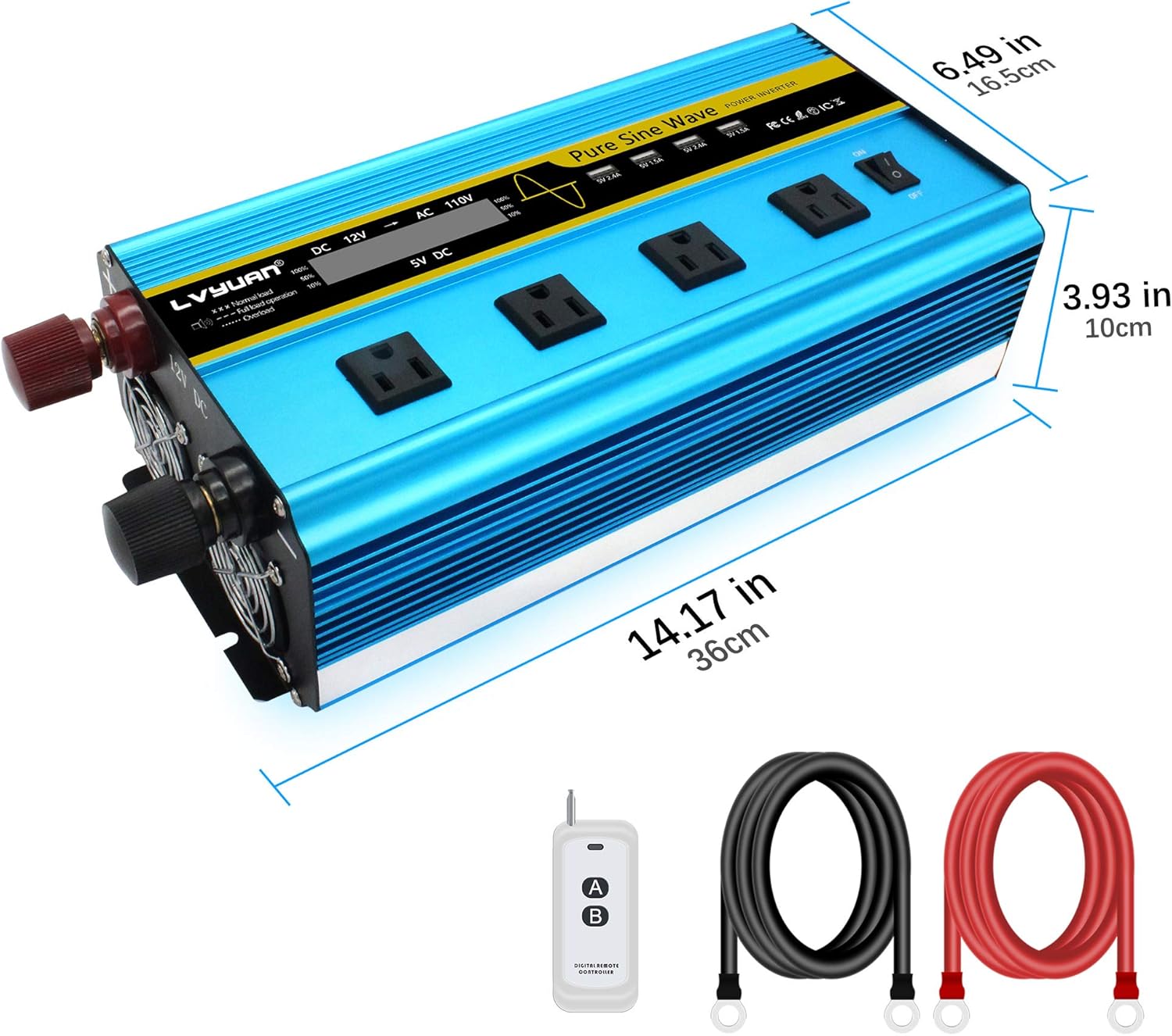 3000 Watt Pure Sine Wave Inverter 12V to 110V DC to AC with LCD Display 4 AC Sockets 4 USB Ports P5032
