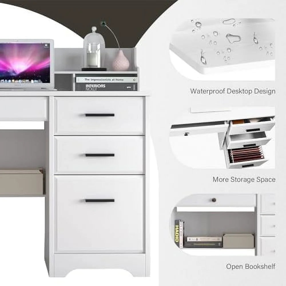 White 44" Wood Desk with 4 Drawers and Hutch K4672
