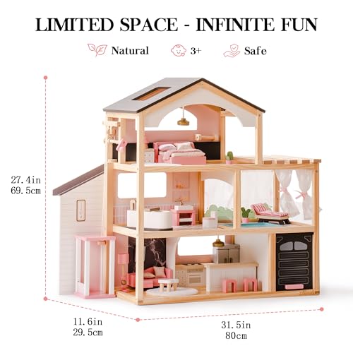 Pink Wooden Dollhouse with 6 Rooms and 29-pcs Furniture Set Q330901
