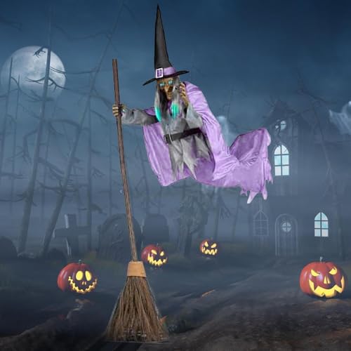 6FT Animated Flying Witch Halloween Decor with Scary Sounds and Lights A300133