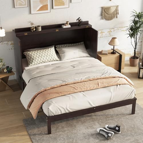 Queen Murphy Bed Cabinet with Charging Station & Rattan Design – Wall Bed with Large Storage Drawer, Foldable Platform Bed – Pine Wood Construction, Walnut L94620