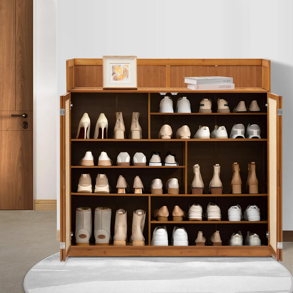 Bamboo 30 Pairs 7-Tier Shoe Cabinet with Folding Rattan Doors and Boots Compartments Q7994