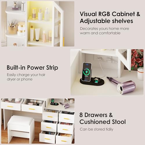 White 51.8" Makeup Vanity Desk with Mirror and Lights 8 Drawers Z79743