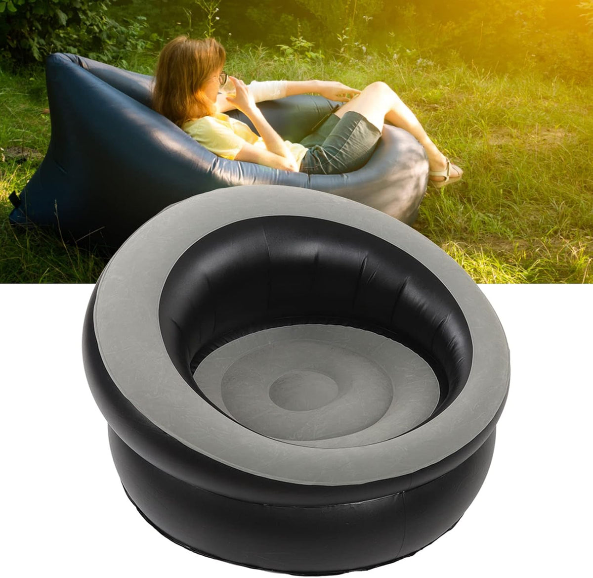 Inflatable Leisure Sofa Flocking Couch Air Chaise Lounge Grey K94470