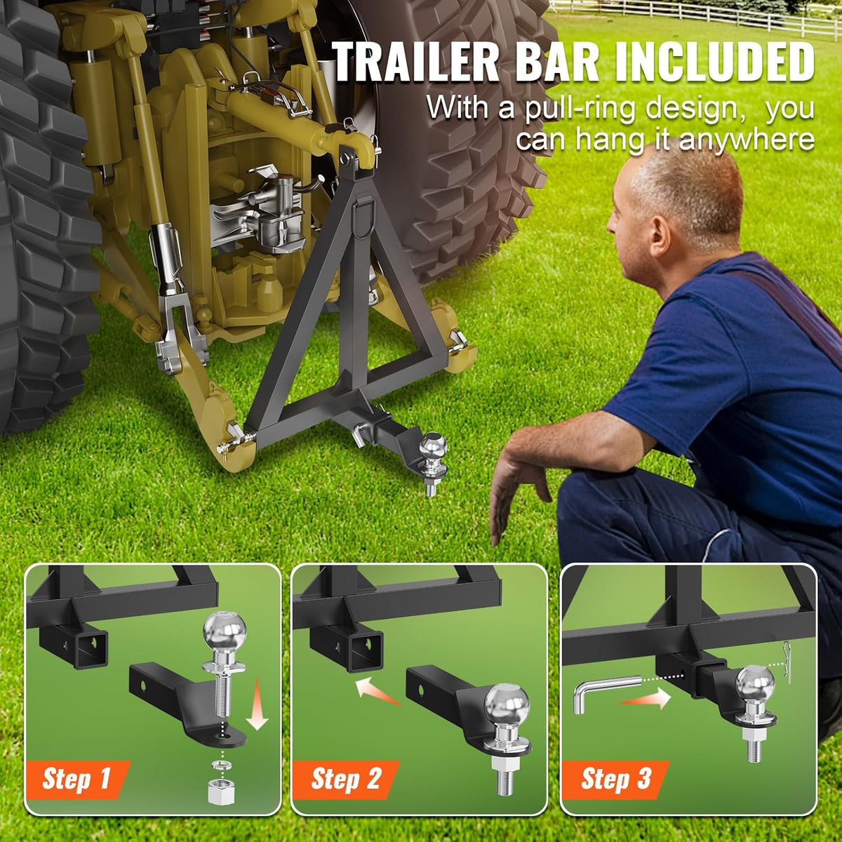 3 Point 2" Receiver Trailer Hitch Category 1 Tractor Tow Drawbar Adapter with Pins G99535