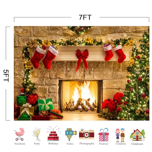 7x5ft Christmas Fireplace Theme Backdrop for Photography Y644360