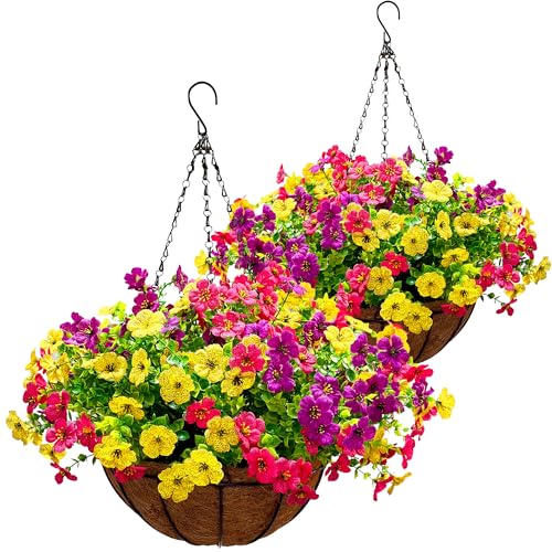 2 Sets Outdoor Artificial Flowers with 12" Hanging Basket, 24 Bunches of Faux Flowers with 2 Hanging Planters Yellow Orange A15404