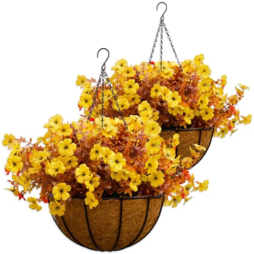 2 Sets Outdoor Artificial Flowers with 12" Hanging Basket, 24 Bunches of Faux Flowers with 2 Hanging Planters Yellow Orange A15404