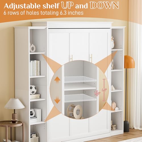 Queen Murphy Bed with Storage Bookcase & 4 Adjustable Shelves, White Wood Wall Bedframe with Metal Legs Q28058