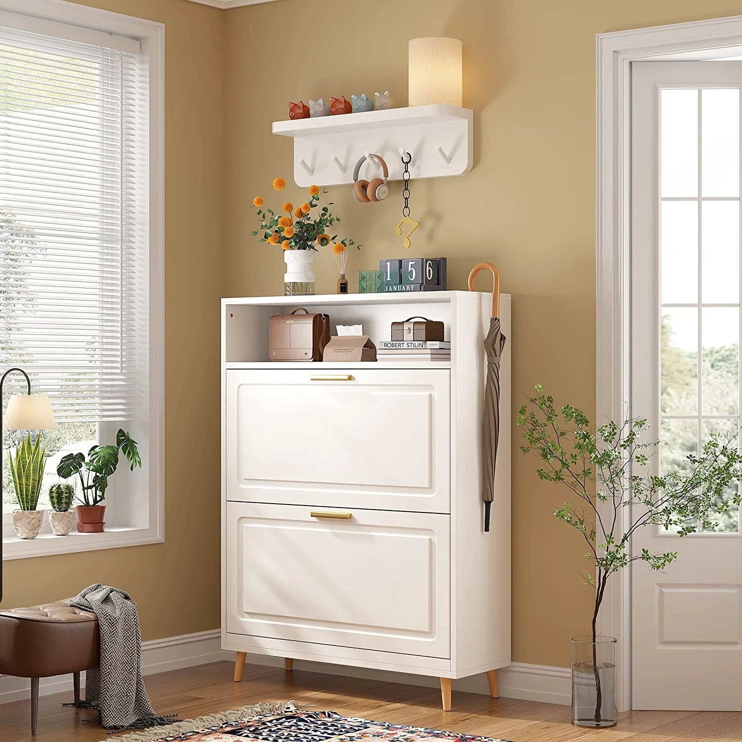 White Narrow Shoe Cabinet with 2 Flip Drawers K448817
