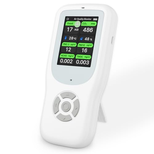 11-in-1 Air Quality Monitor with Stand for AQI, CO2, PM2.5, PM1.0, PM10, TVOC, HCHO, Particles, Temperature & Humidity (White-White) Y5851