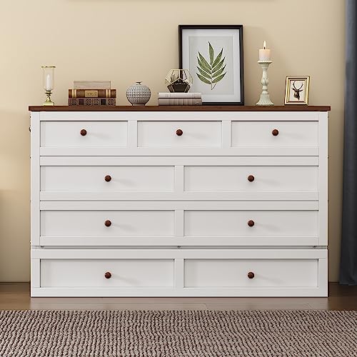White+Walnut Full Wood Murphy Bed with Storage Drawers U3553