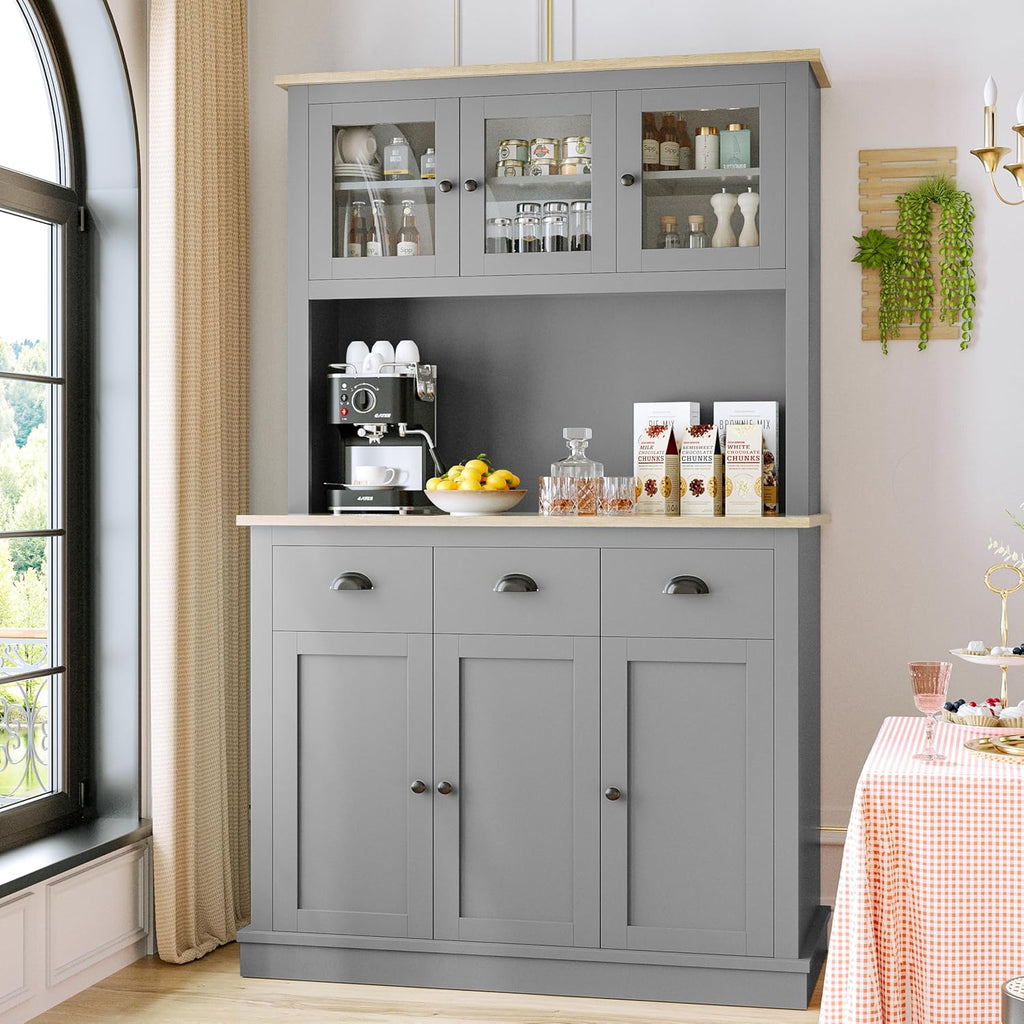 Grey Kitchen Hutch Storage Cabinet with Countertop and Drawers P4529
