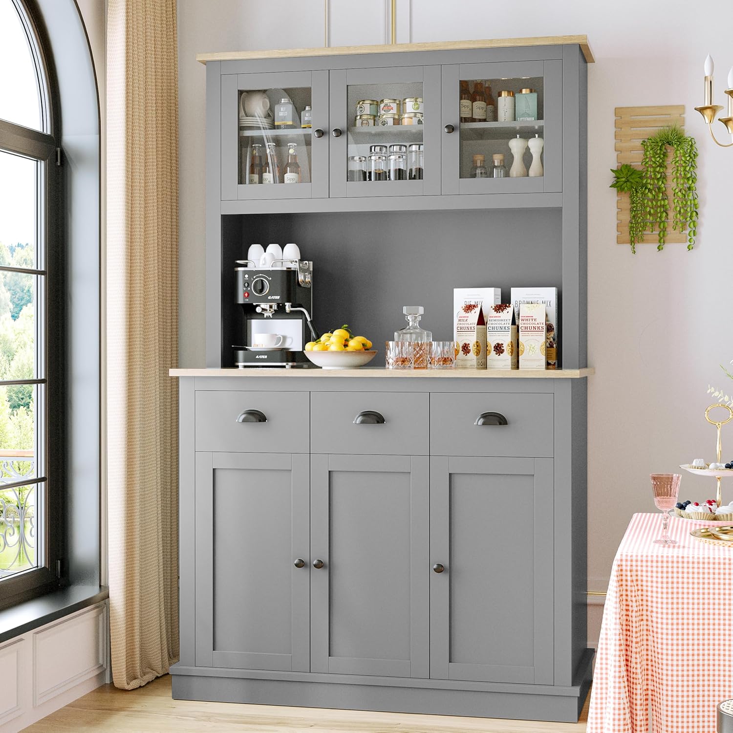 Grey Kitchen Hutch Storage Cabinet with Countertop and Drawers P4529