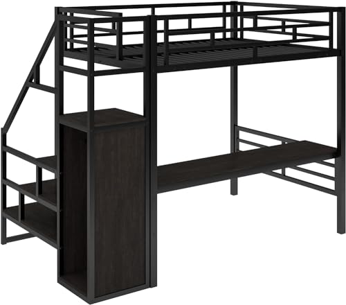 Full Size Metal Loft Bed with Desk and Wardrobe J567724