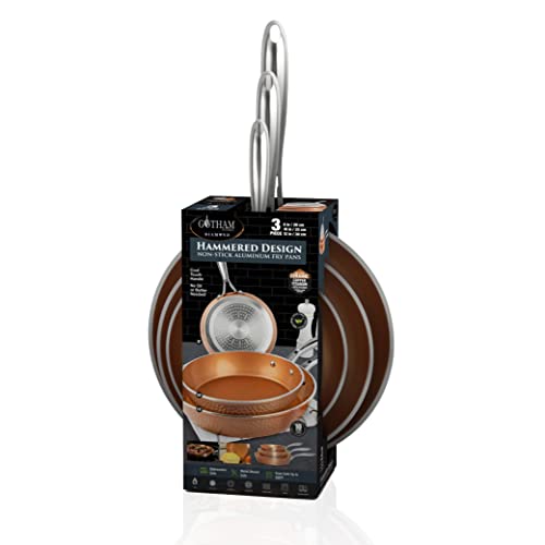 3 Piece Hammered Copper Nonstick Frying Pan Set with Glass Lid Q30655