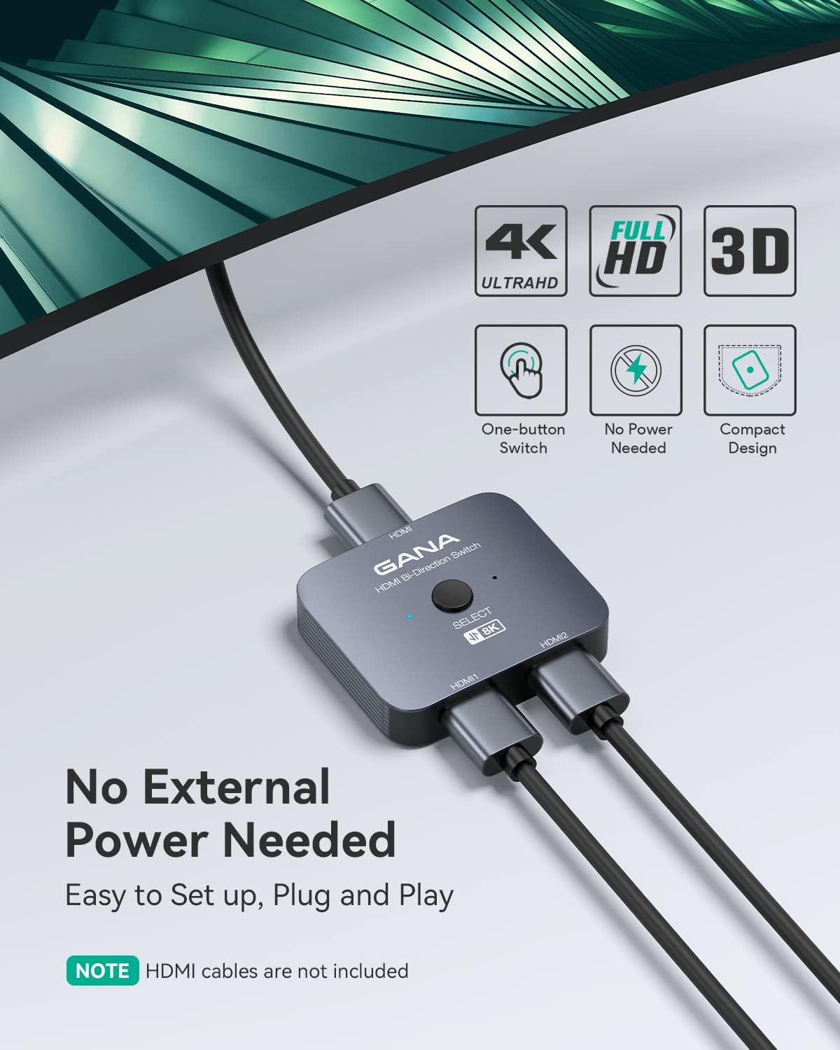 HDMI 2.1 Switch, 8K HDMI Switcher Splitter Bi-Directional 2 in 1 Out, 48Gbps Aluminum Ultra HD HDMI Hub E57329