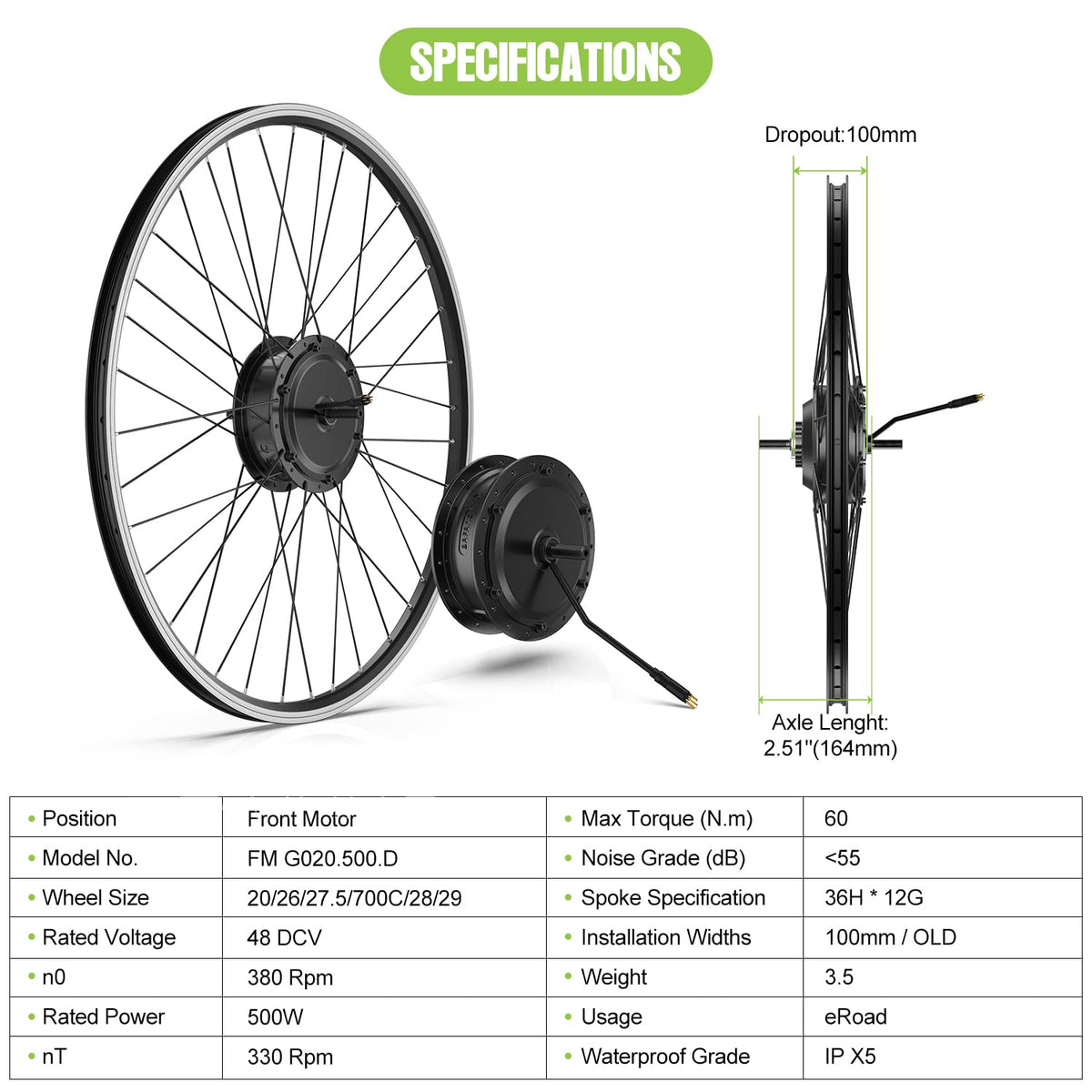 48V 500W Front Hub Motor Electric Bike Conversion Kit for 26 inch Wheel Q588642