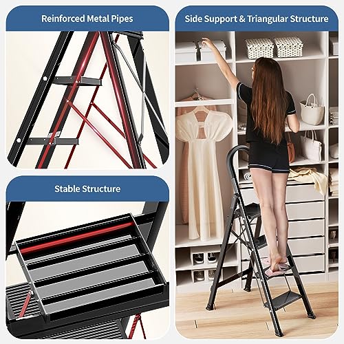 Black Aluminum Folding Step Stool with Handgrip W543649