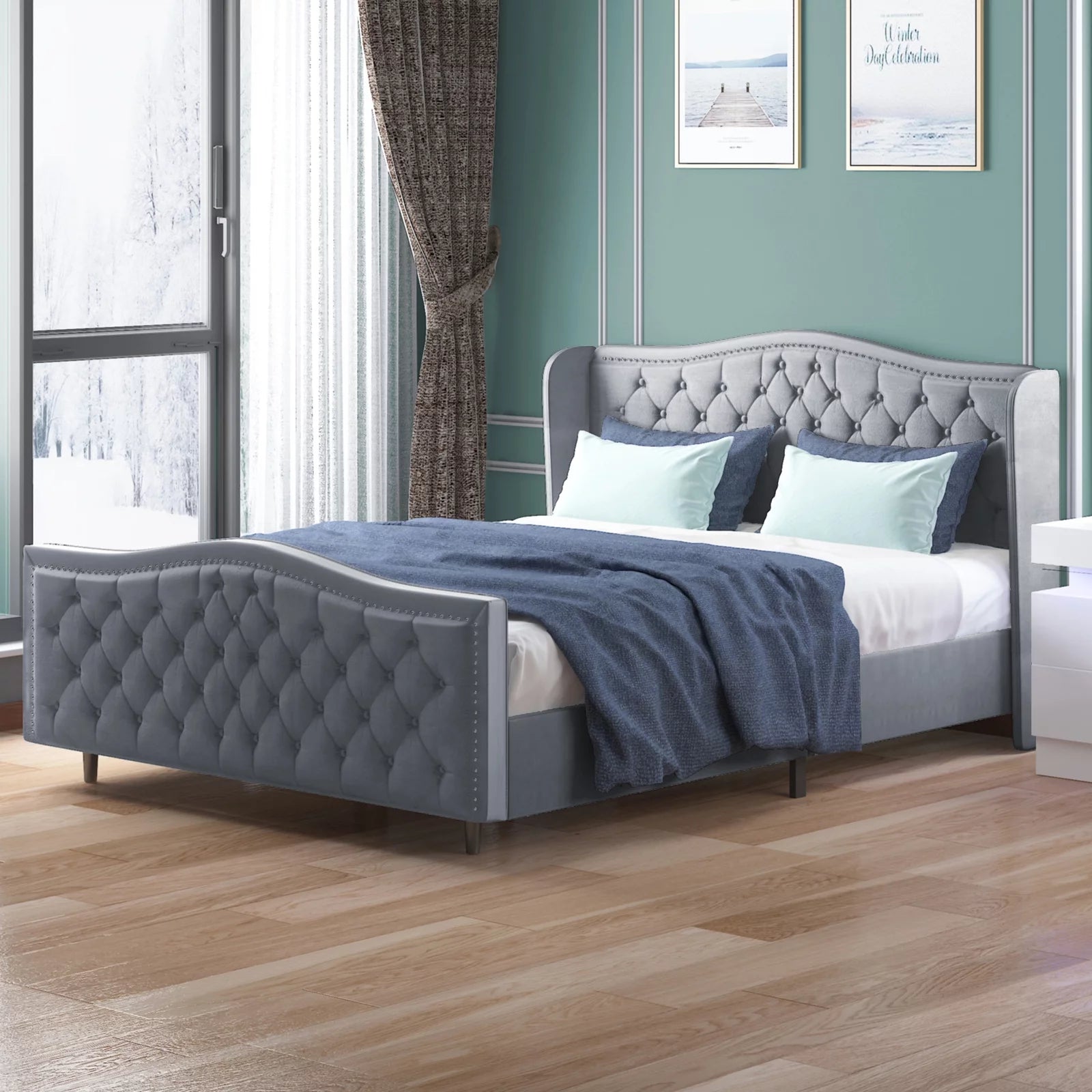 King Size Button Tufted Velvet Platform Bed Frame, Silver Grey E6280