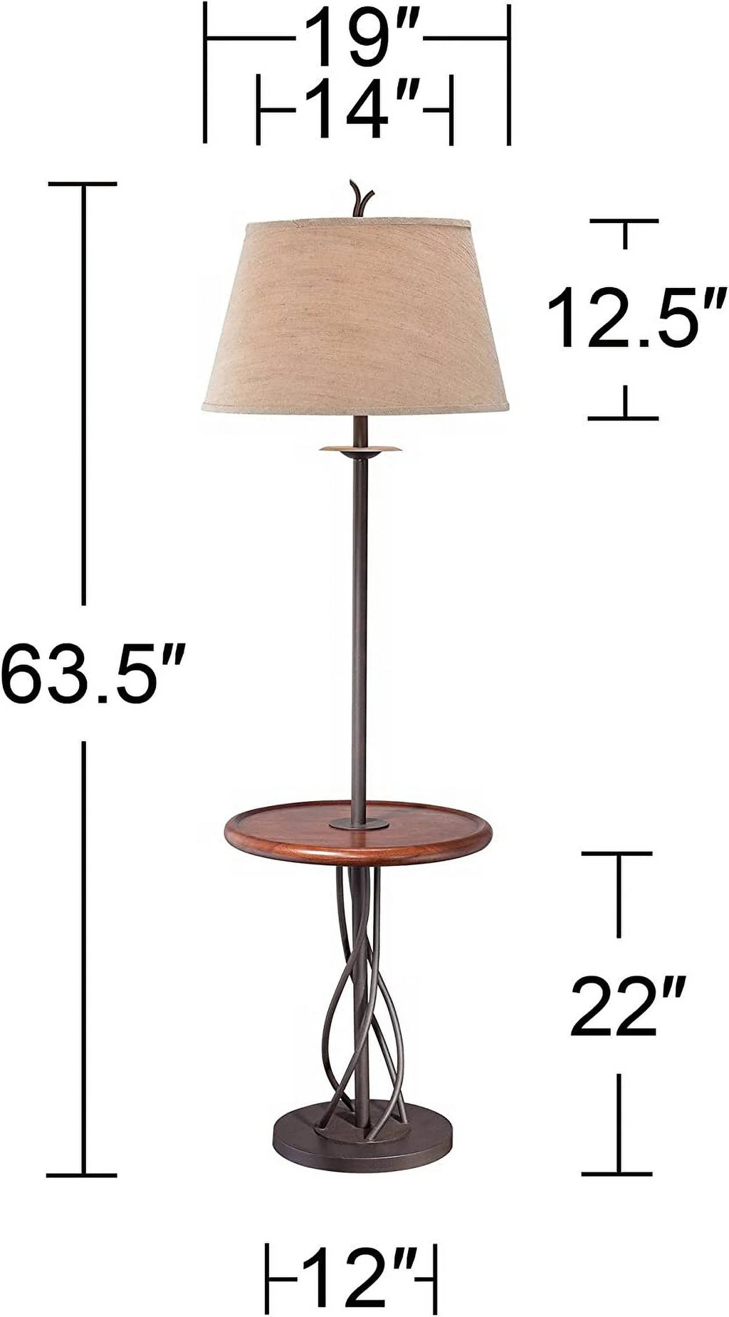 Rustic Farmhouse Floor Lamp with Tray End Table 63.5" Tall Wood Twisted Iron Base Brown Linen Fabric Tapered Drum Shade A599932