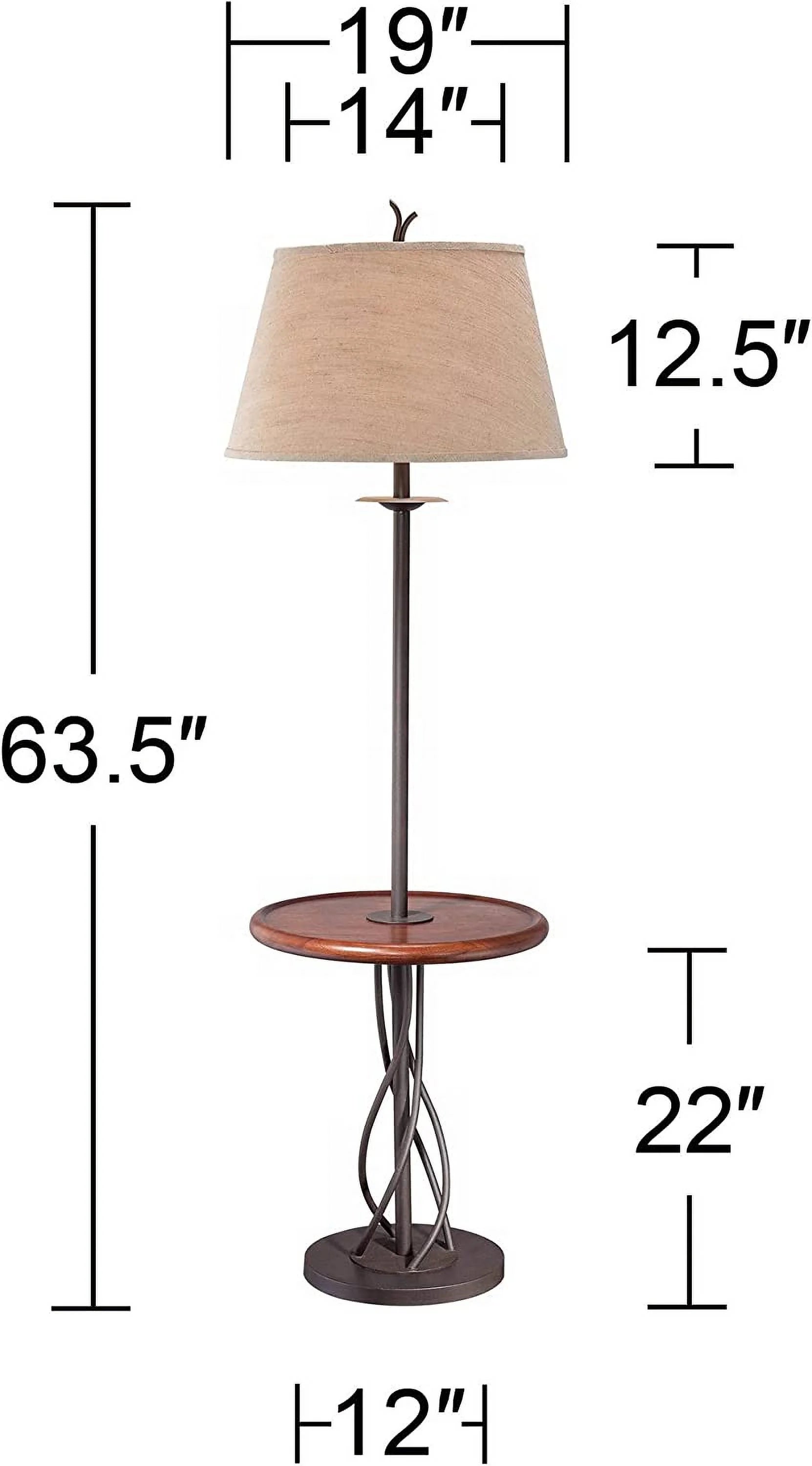 Rustic Farmhouse Floor Lamp with Tray End Table 63.5" Tall Wood Twisted Iron Base Brown Linen Fabric Tapered Drum Shade A599932