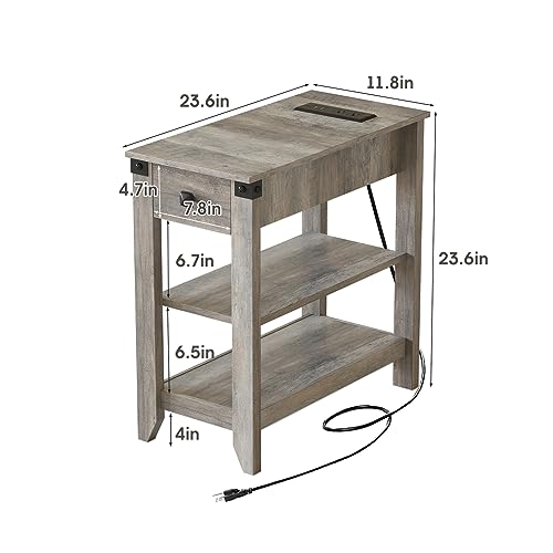 Set of 2 Narrow Side Table with Charging Station and Storage Drawer Rustic Grey B105
