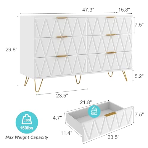 White 6 Drawer Wood Dresser with Gold Handles F653054