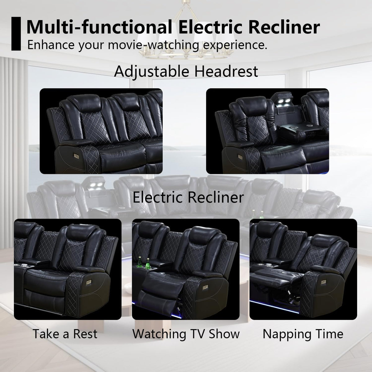 Black Leather Power Reclining Sectional Sofa P1874